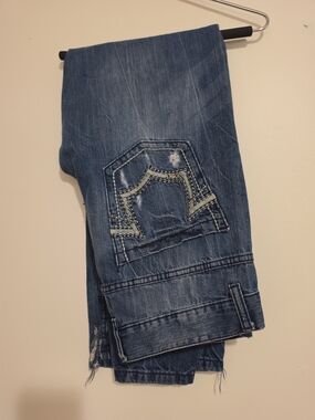 Vintage Y2K Machine Jeans Mens 32x32 Distressed Thick Stitch Embroidered Skater
